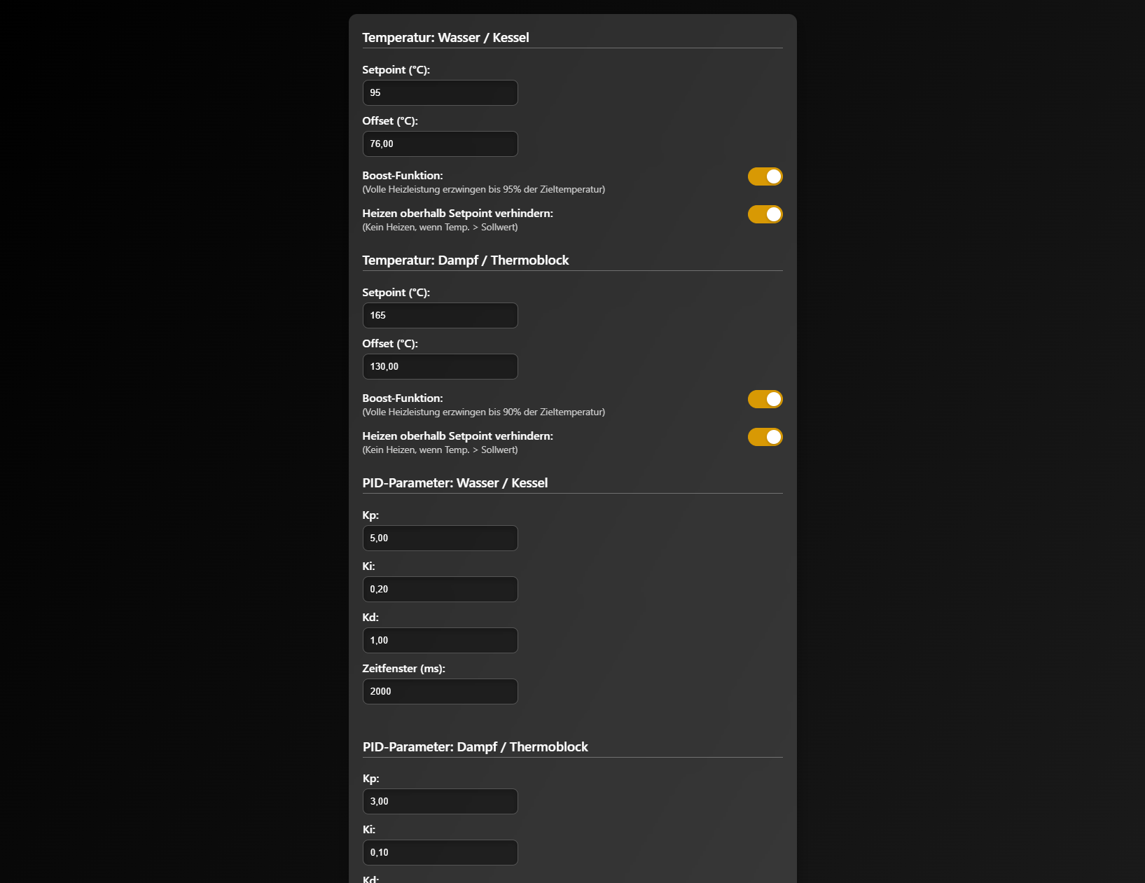 Screenshot Web UI - PID Einstellungen